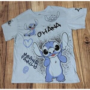 Disney Stitch Ohana Means Family Women’s Embroidered T Shirt Blue Size Large L